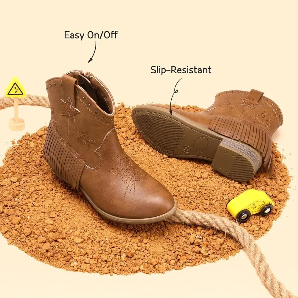 ⚡Girls Camel Cowgirl Ankle Western Boots Side Zipper Riding Shoes With Tassel
